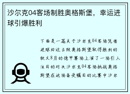 沙尔克04客场制胜奥格斯堡，幸运进球引爆胜利
